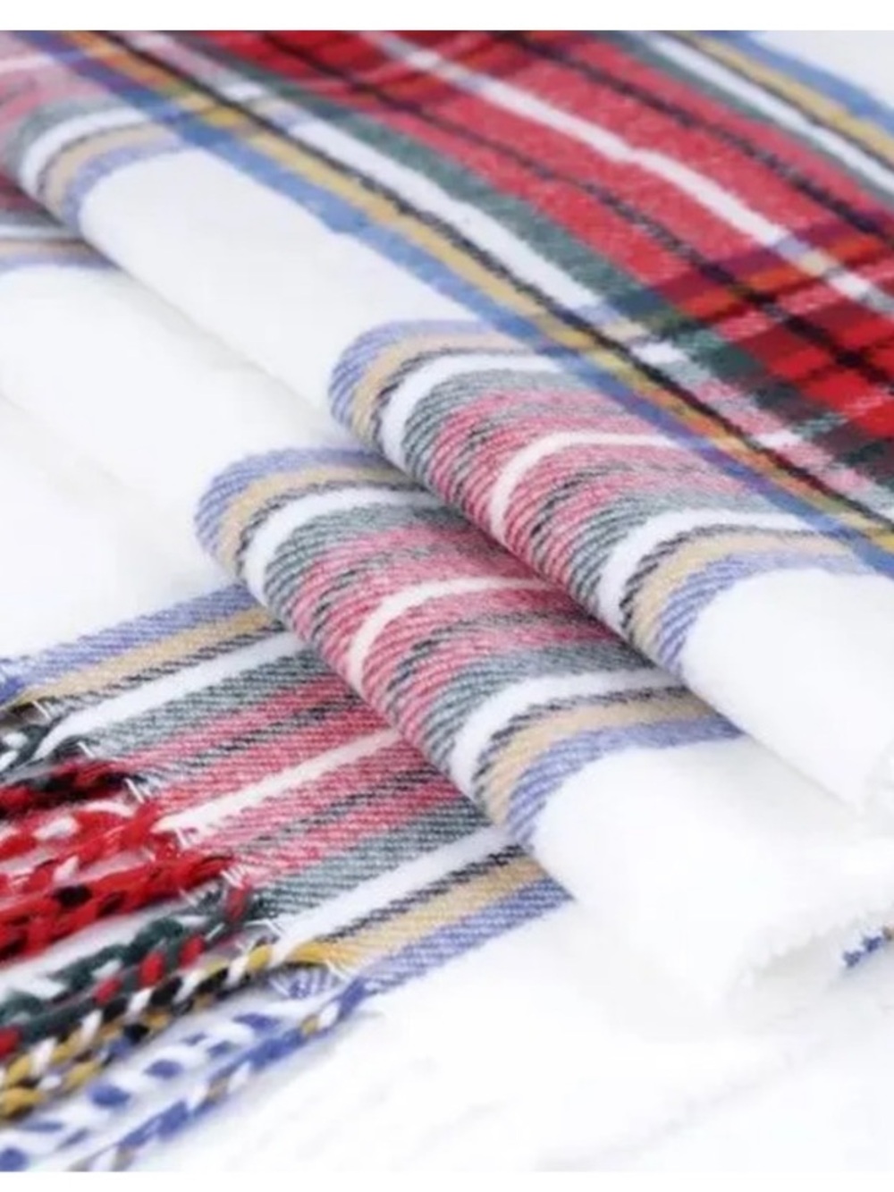 Jeffrey banks White Plaid Fringe Scarf with Red & Blue Accents